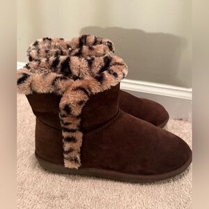True Craft Brown Ankle Boots with Leopard Trim